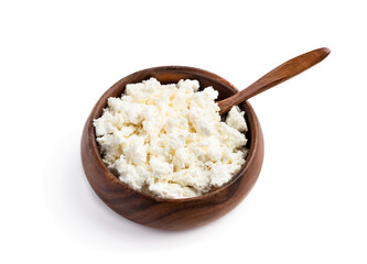 Cottage cheese in wooden bowl isolated on white