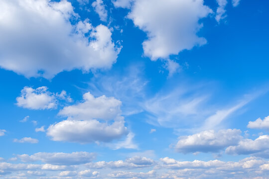 Blue sky with white clouds background with copy space for text, sky wallpaper with white fully clouds, wide angle