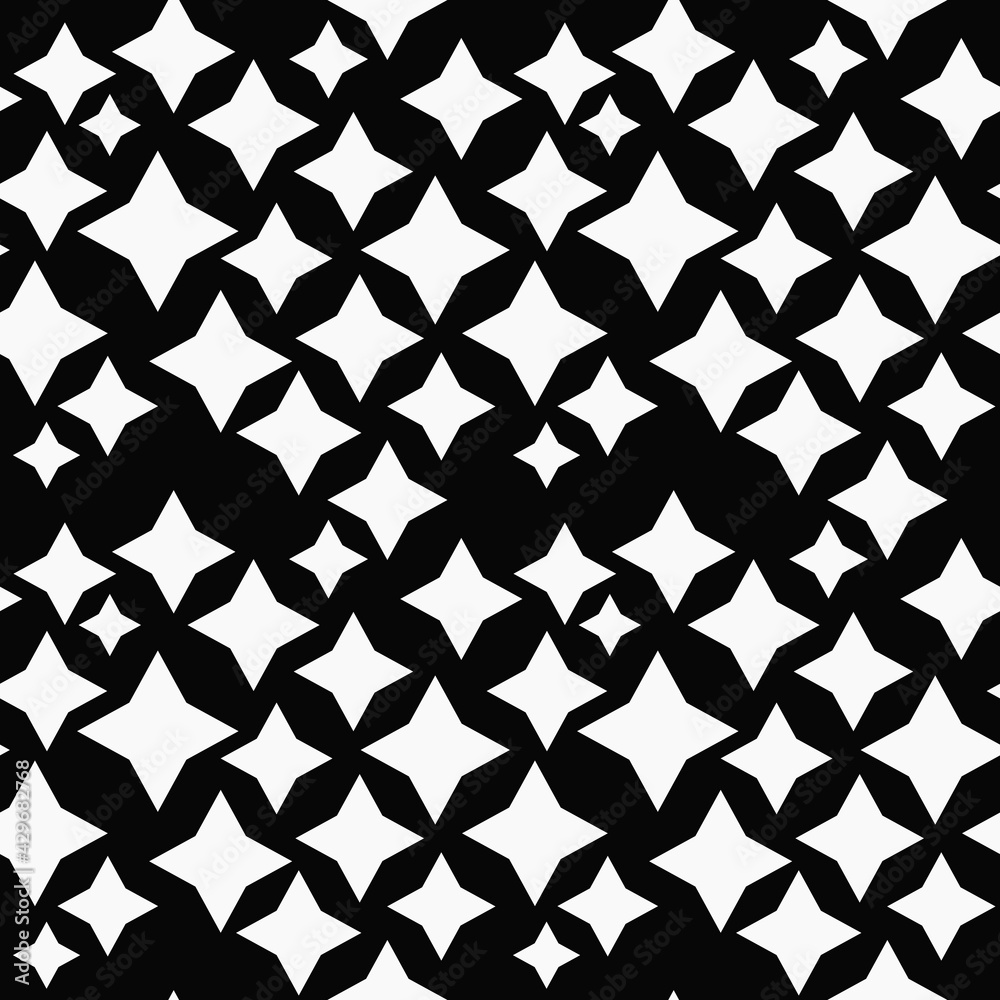 Poster black background and four pointed stars. vector white stars pattern.