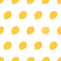 Hand drawn seamless pattern with whole lemon. Surface pattern design. Fabric print texture with eye catching element - sliced lemon