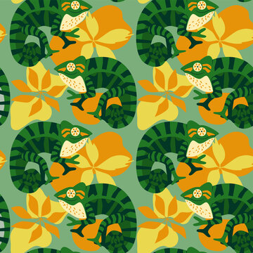 Seamless pattern with cute, funny chameleons show peace sign among foliage tropical leaves. kids, web pages, wrapping paper, wallpaper, textile desian illustration.