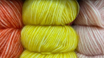 Yellow-orange range of wool yarn. Multicolored skeins of wool close-up