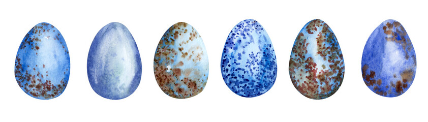 Watercolor different wild birds' eggs. Easter egg. Blue birds eggs set