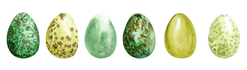 Watercolor different wild birds' eggs. Easter egg. Green birds eggs set