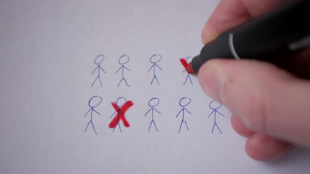 Man's hand crosses out the drawn little men with red marker
