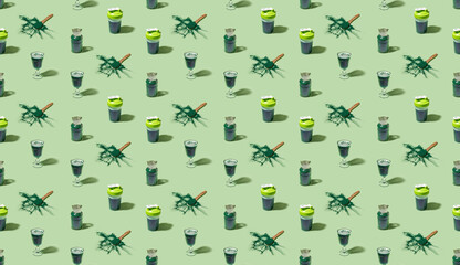 Seamless isometric pattern with spirulina algae powder and drinks. Healthy food concept.