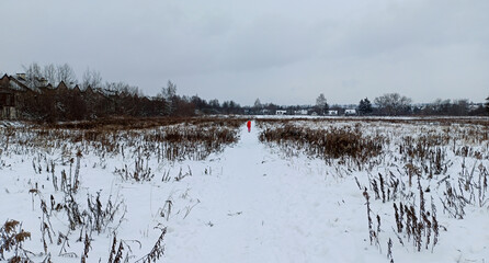 A female walking alone in nordic walking through snow covered field during winter in overcast clouds