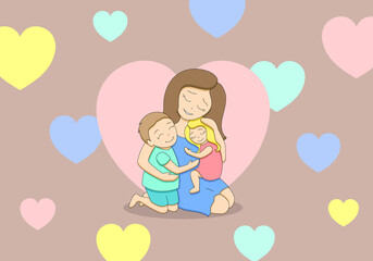 Loving tender mother with two cute happy children, teenage boy and little girl, hugging each other, pastel palette, surrounded by hearts on beige background, editable strokes, vector illustration