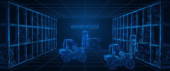 Warehouse. Distribution of cargo by forklift trucks on racks. Polygonal construction of lines and points. Blue background. © Ilya