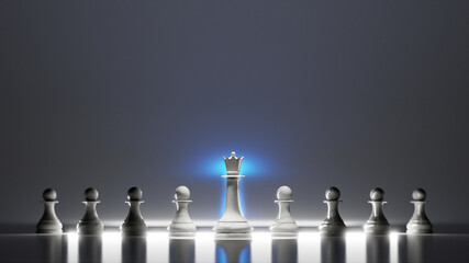 White chess queen flanked by white pawns. Power symbol, strong leadership concept. Digital 3D rendering.