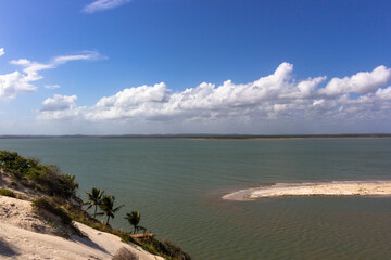 Vegetation and sand dunes of the dry mangrove (Dunas do Mangue Seco) in Bahia providing a beautiful view of the blue sea.