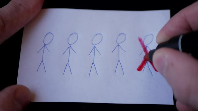 The hand crosses out the person in the drawing with a red felt-tip pen