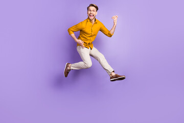Fototapeta na wymiar Full body portrait of cheerful person open mouth hands play guitar look camera isolated on purple color background