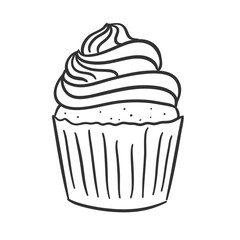 Cupcake with cream cap. Doodle line muffin isolated on white
