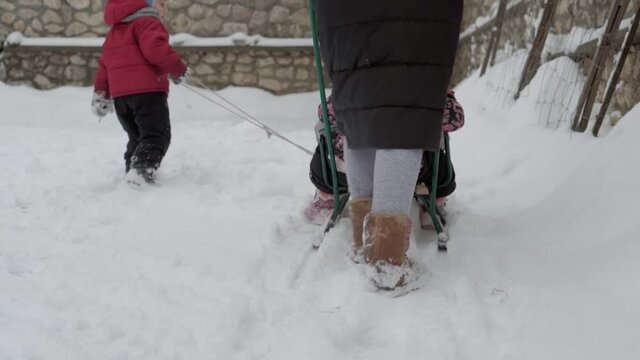 vacation, game, family concept - slo-mo authentic three happy preschool toddler kids siblings with young wonan mom sledding and play with snow. snowfall in cold season weather in winter yard outdoors