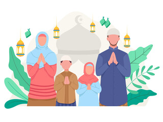 Happy family greeting and celebrating Eid Mubarak. Vector illustration in a flat style
