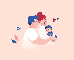 Vector Illustration Of Mother and Father Holding Baby Son In Arms. Happy Family concept.