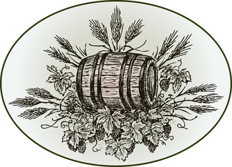 Vector drawing of beer barrel on hops branches and ears of cereals