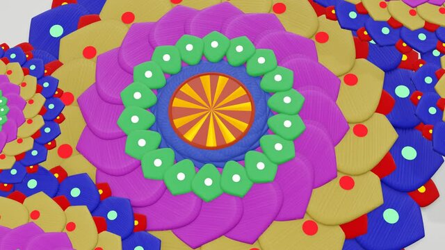 rotating multicolored mandala on a purple background. looped animation. 3d render
