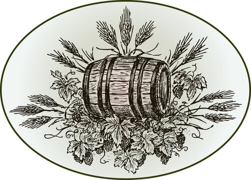 recommend clip art: Vector drawing of beer barrel on hops branches and ears of cereals