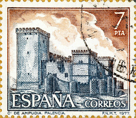 tamp printed by SPAIN shows view of the Castle of Ampudia in Palencia