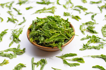 Young tamarind leaves for cooking on white