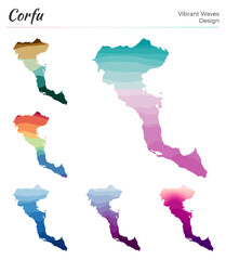 Set of vector maps of Corfu. Vibrant waves design. Bright map of island in geometric smooth curves style. Multicolored Corfu map for your design. Captivating vector illustration.