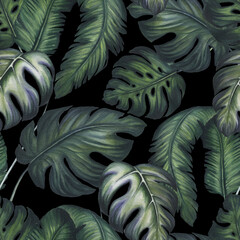 Seamless Pattern of Watercolor Monstera and Banana Leaves