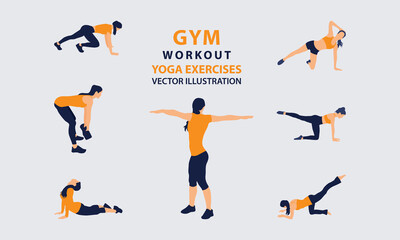 People doing yoga illustration gym workout isolated fitness exercise vector. sportswear healthy Woman training, fitness, gymnastics, bodybuilding, lifting, yoga exercises, muscles, Lunges and squats.
