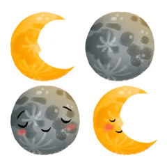 Set of moon and crescent. Isolated on white background. Fantasy moon with smiles for children print, baby shower. High quality illustration