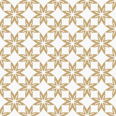 Simple vector floral geometric seamless pattern. Elegant gold and white ornament texture with flower silhouettes, diamonds, squares, crosses. Stylish ornamental background. Repeated design for decor