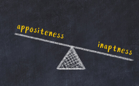 Concept of balance between appositeness and inaptness. Chalk scales and words on it