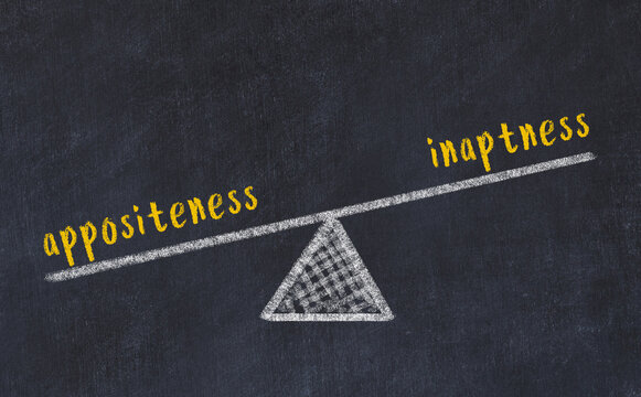 Concept of balance between appositeness and inaptness. Chalk scales and words on it