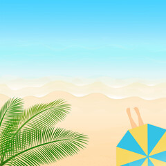 Fototapeta na wymiar Vector illustration. Ocean from above. Banner, site, poster template. Paradise beach with waves and umbrella.
