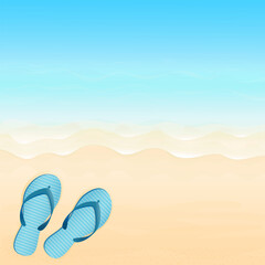 Fototapeta na wymiar Vector illustration. Ocean from above. Banner, site, poster template. Paradise beach with waves and sandals. 