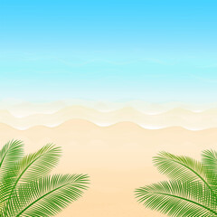 Fototapeta na wymiar Vector illustration. Ocean from above. Banner, site, poster template. Paradise beach with waves and palm leaves.
