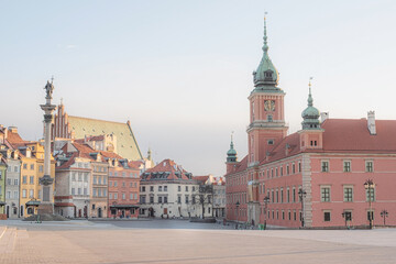 View of the old town of Warsaw, Poland. The main square and the royal castle. Column of Sigismund.