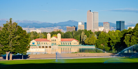 Denver City Park Panorama with City Park Pavilion in midground, the high rises of downtown in the...