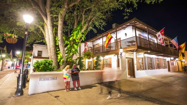 A panning time-lapse of people walking down the historic St. George Street in St. Augustine, Florida. Founded in 1565, St. Augustine is commonly referred to as the oldest city in the USA.
