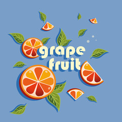 Naklejka premium stylized flat drawing of citrus fruit grapefruit with leaves and an inscription, bright background for summer design, vector graphics