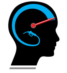 Black head with blue fuel gauge indicating full. Business success cincept design to use in infographics, intelligence and solution projects and presentations.