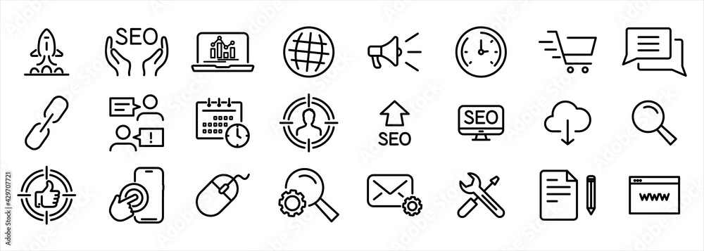 Aufkleber seo search engine optimisation and marketing. collection modern lines web icons. editable stroke. se