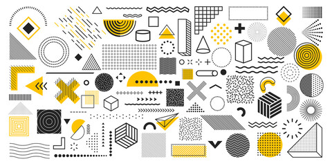 Universal trend geometric shapes. Collection of 100 geometric shapes. Memphis design elements for Magazine, leaflet, billboard, sale, web, advertisement, poster. Outline hatching forms or dots
