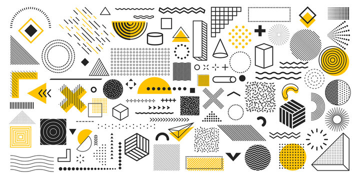 Universal trend geometric shapes. Collection of 100 geometric shapes. Memphis design elements for Magazine, leaflet, billboard, sale, web, advertisement, poster. Outline hatching forms or dots