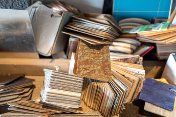 Selective focus, messy heap of flooring material sample. 