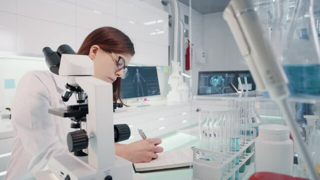 Young female doctor working with pathogen samples. Using microscope