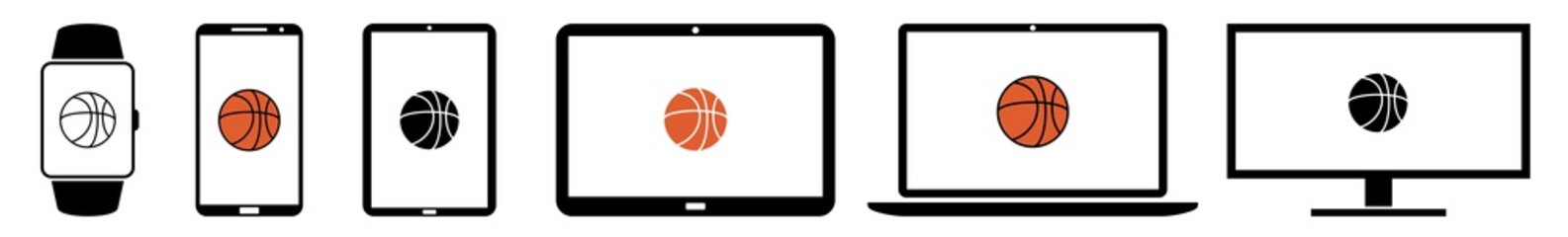 Display Basketball Basket Ball Icon Devices Set | Web Screen Game Play League Division Device Online | Laptop Vector Illustration | Mobile Phone | PC Computer Smartphone Tablet Sign Isolated
