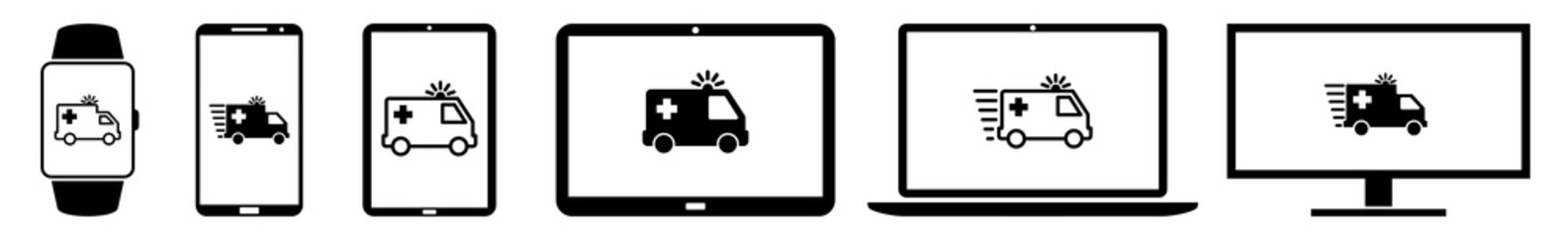 Ambulance Display Icon Devices Set | Web Screen Emergency Device Online | Alert Laptop Vector Illustration | Transport Mobile Phone | PC Computer Smartphone Tablet Siren Sign Isolated