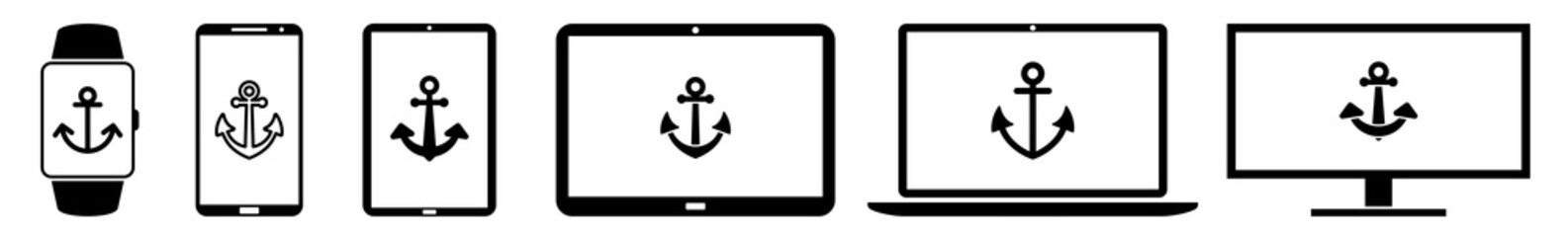 Anchor Display Icon Devices Set | Web Screen Sea Device Online | Boat Laptop Vector Illustration | Ship Mobile Phone | PC Computer Smartphone Tablet Metal Sign Isolated