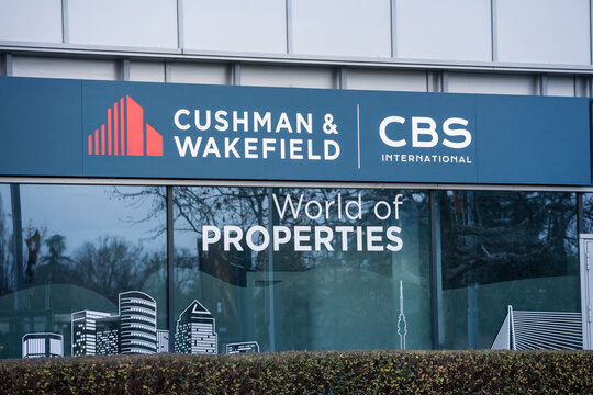 BELGRADE, SERBIA - JANUARY 3 2021: Cushman & Wakefield logo on their main office for Belgrade. Cushman and wakefield is an american real estate services corportation